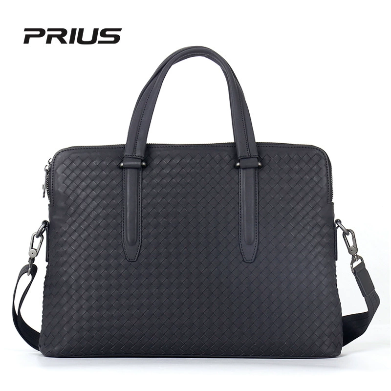 Prius brand 25 men's leather briefcase oil wax leather woven document bag double-zippered computer bag business man bag