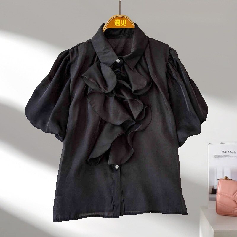 French Summer New Women's French Three-Dimensional Flower Ruffled Loose Slimming Puff Sleeve Shirt Versatile Top