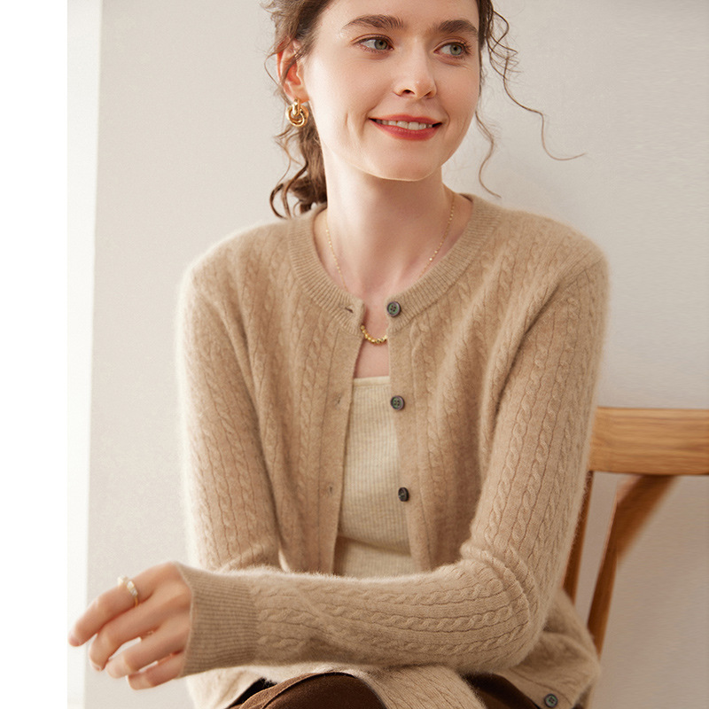 Ordos City 100% Pure Cashmere Twist Round Neck Cardigan Women's Knitted Sweater Bottoming Sweater Women's Tops Women's