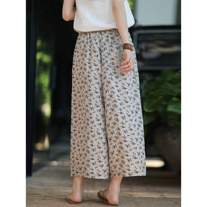 Early spring new 14 linen rain and dew linen calico literary leisure cool slim cropped wide leg pants