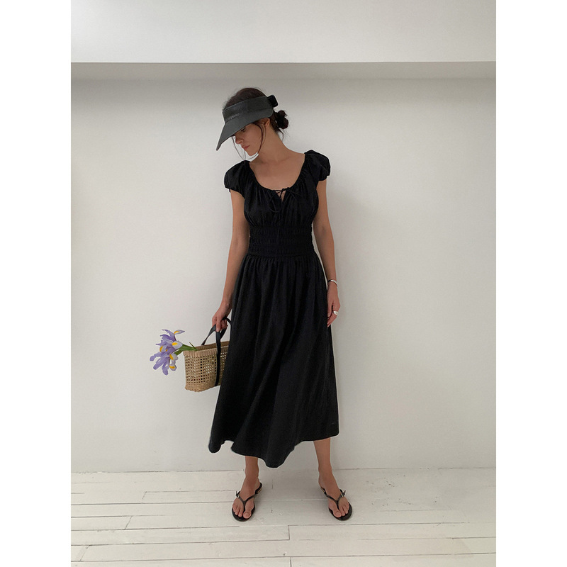 [Special Offer, No Returns or Exchanges] Lyocell U-Neck Tie-Up Puff Sleeve Dress for Women, Summer Waist-Cinching Slimming Long Dress