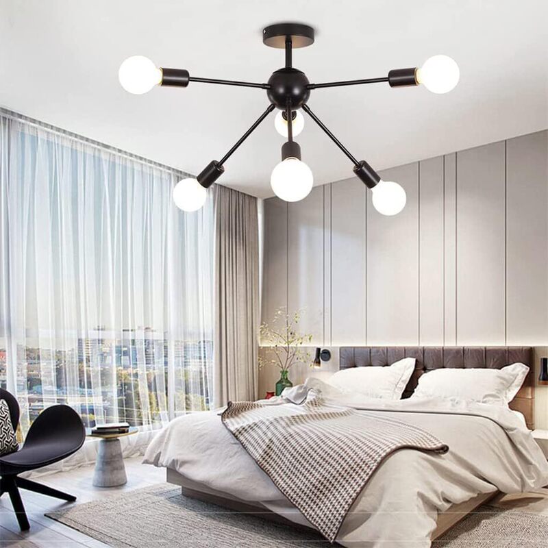 Modern 6-Head Black Ceiling Light Semi-Flush Mount Ceiling Light Chandelier for Bedroom, Living Room, Kitchen, Dining Room Lighting Fixtures