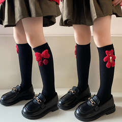 兒童中筒襪 直筒無後跟紅色小花可愛小熊黑色大小童襪子廠家批發