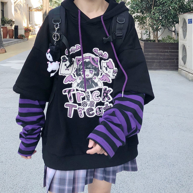 Autumn and Winter New Coat Sweet Cute Student Sweater Thickened Women's Loose Double Layer Hooded Fake Two-piece Top for Women