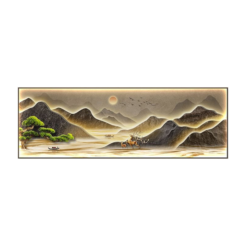 背有靠山新中式客厅装饰画麋鹿沙发背景墙挂画办公室山水风景壁画|undefined