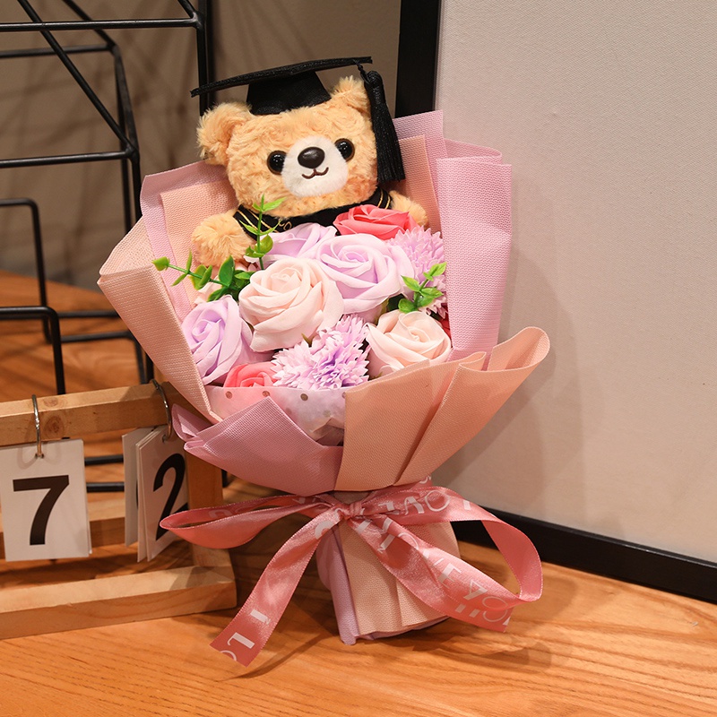 Bonito oso de peluche ramo de rosas tela muñeca de peluche juguete flores oso muñeca regalo ramo de graduación