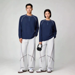春秋亨利领长袖T恤撞色线宽松休闲上衣 美式复古男士打底衫批发