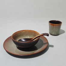 厂家直销酒店主题餐厅摆台陶瓷餐具窑变棕色复古骨碟碗勺杯盘套装