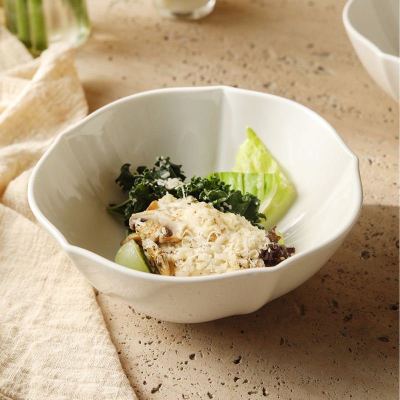Pure White High-Quality Asymmetrical Ceramic Bowl Household Simple Tableware Anti-Scalding Noodle Bowl Soup Bowl Salad Bowl Rice Bowl