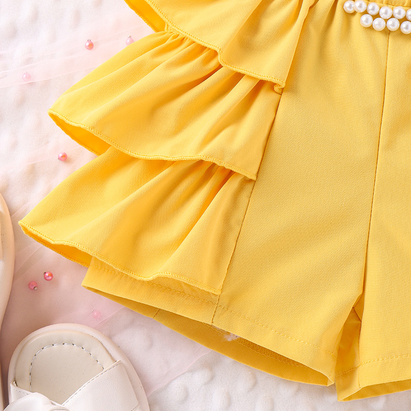 160g Weight Kids Clothing Sets Children's Clothing Type Sleeveless Sleeve Length Polyester Fabric Type Shorts Sets Sets Type 2 Pieces Set Quantity Casual, Daily Occasion Collarless Neckline Regular Fit Fit Type Solid Color Pattern 2025 Spring and Summer Season Girl'S Gender Pearl Design Simple Style Style Pink, Purple, Yellow Color Simple Style Solid Color Pearl Polyester Girls Clothing Sets 8