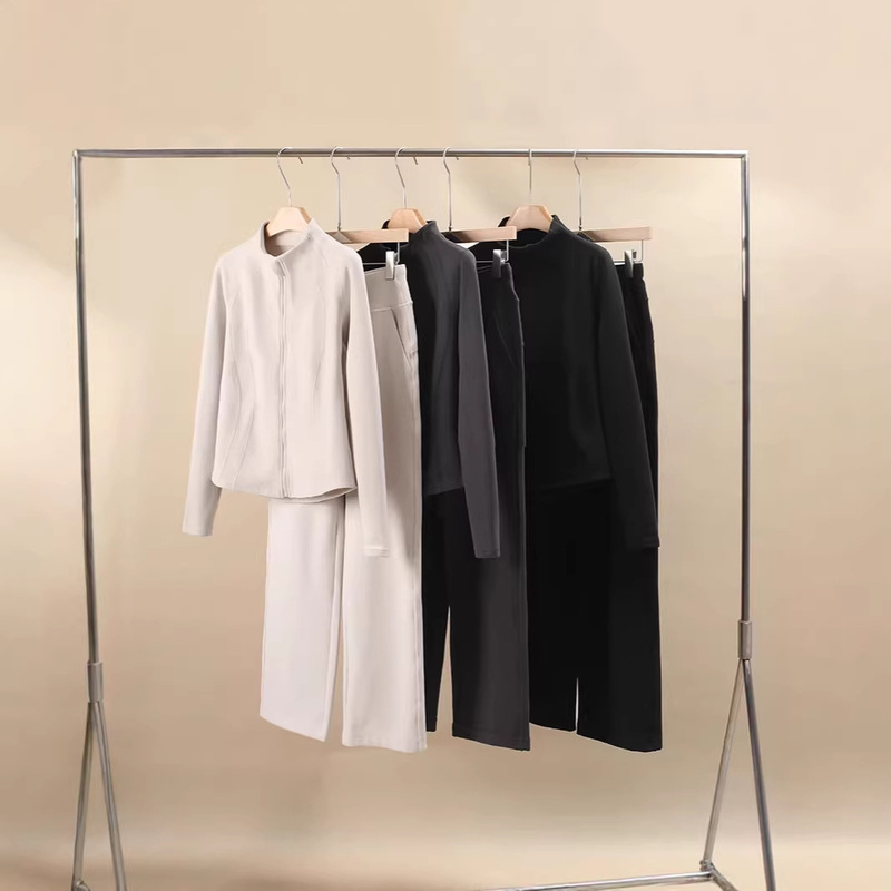 Lu Same Style~Soft Cashmere Casual Sports Sweatshirt Set Autumn and Winter Slim Waist Stand Collar Cardigan Jacket + Wide Leg Pants for Women