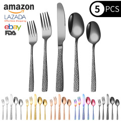 国境を越えたアマゾンステンレスハンマー柄四角い柄食器ナイフフォークスプーン5点セットステーキナイフフォークスプーン西食器卸売り