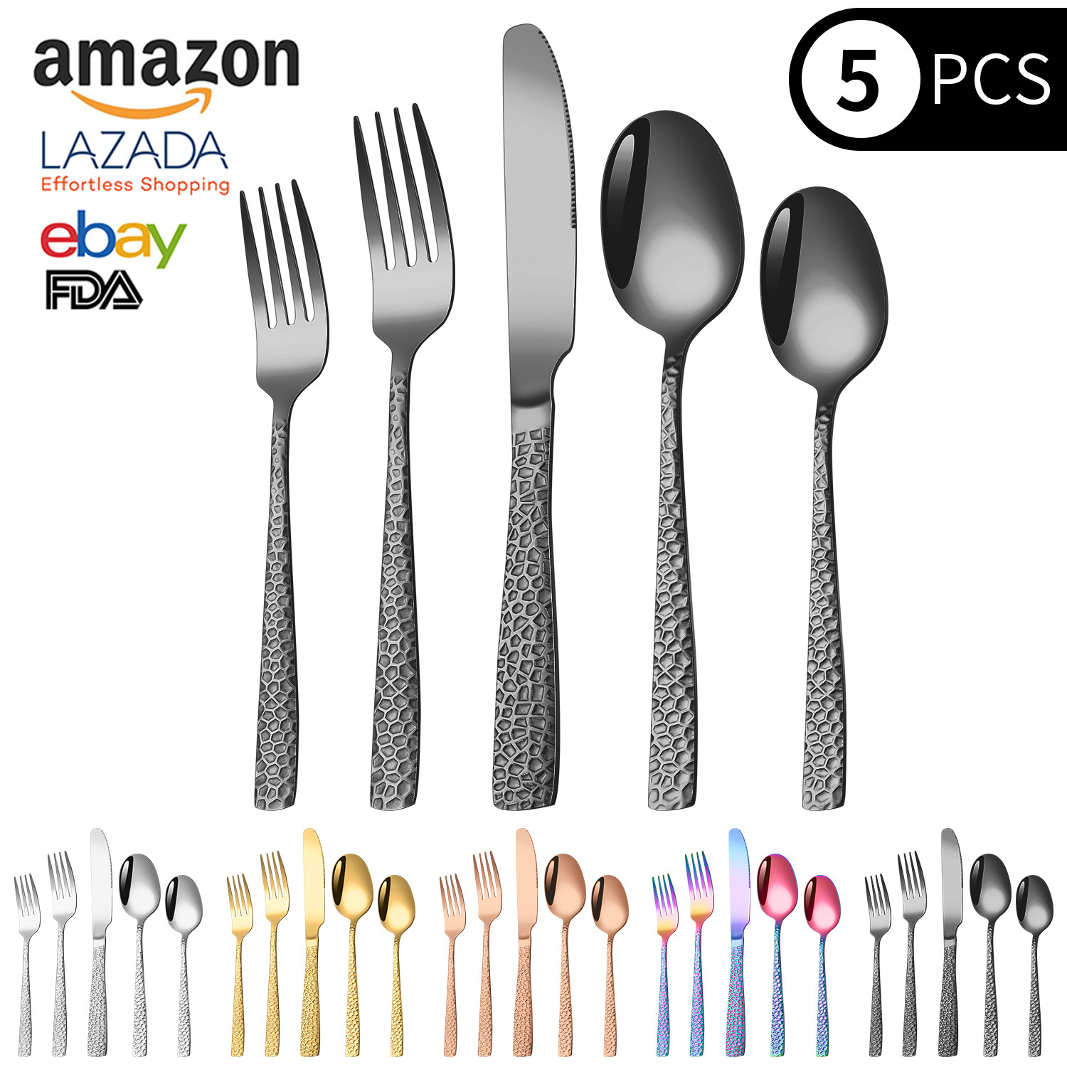 跨境亚马逊不锈钢锤纹方柄餐具刀叉勺五件套牛排刀叉勺西餐具批发