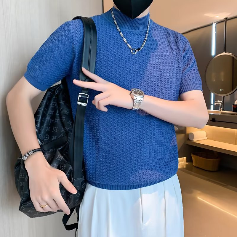 Half Turtleneck Short-Sleeved Knitwear Men's Spring & Fall Knitwear Casual Men's Bottoming Shirt Slim Half-Sleeved Autumn Coat Pure Color Trendy Style