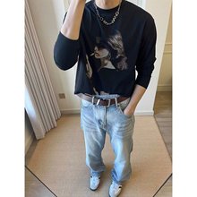 跨境外贸批发忧郁的富二代高街水洗做旧人物印花宽松长袖衫男女
