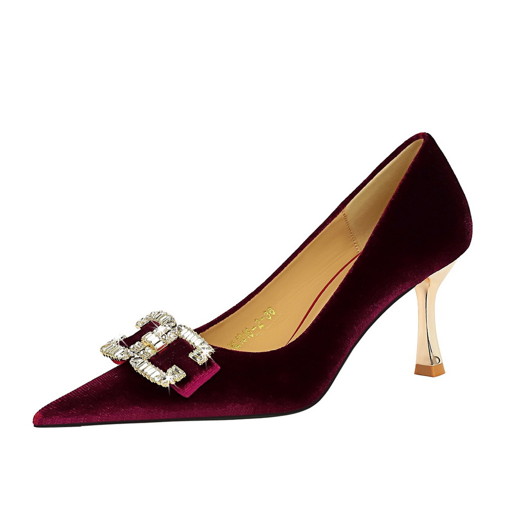 1818-K78 Banquet Light Luxury Elegant Women's High Heels Xishi Suede Shallow Mouth Pointed Toe Rhinestone Bowknot Single_vogvips.com