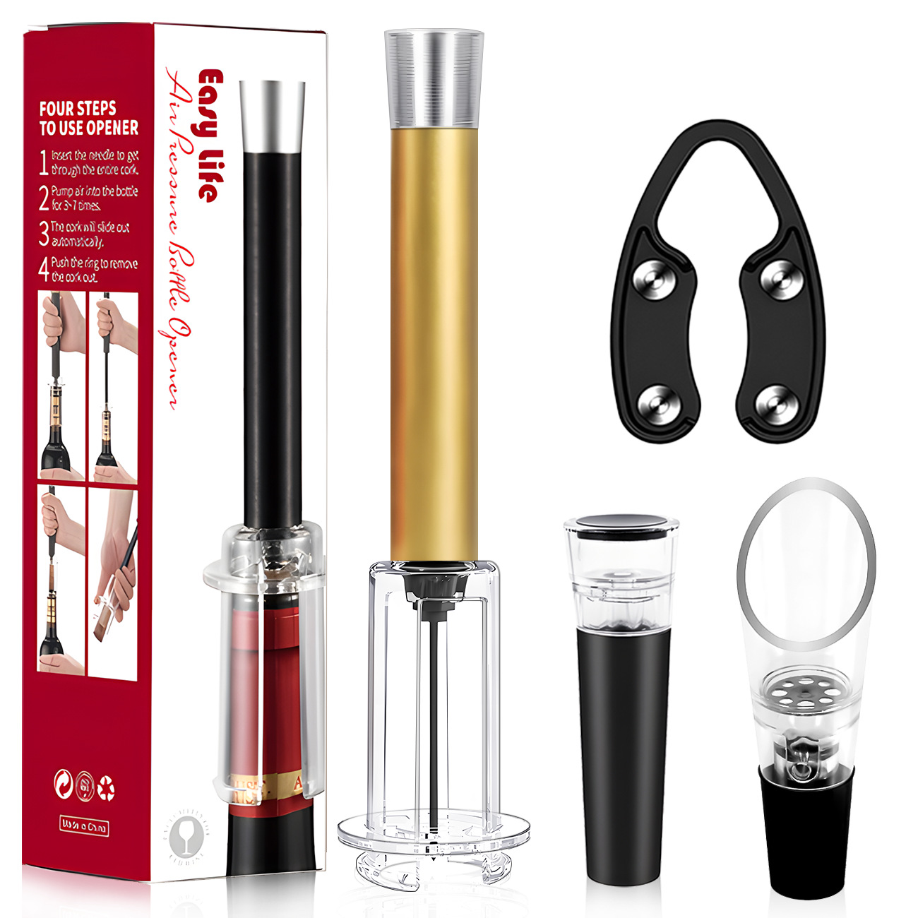 플라스틱 막대 알루미늄 헤드 골드 공기압 병따개 4개 세트(철 와인 푸어러) 색상 상자