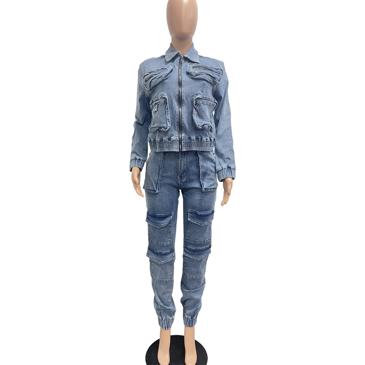 Damset i stretch denim med högmidjade byxor och jacka_voghion.com