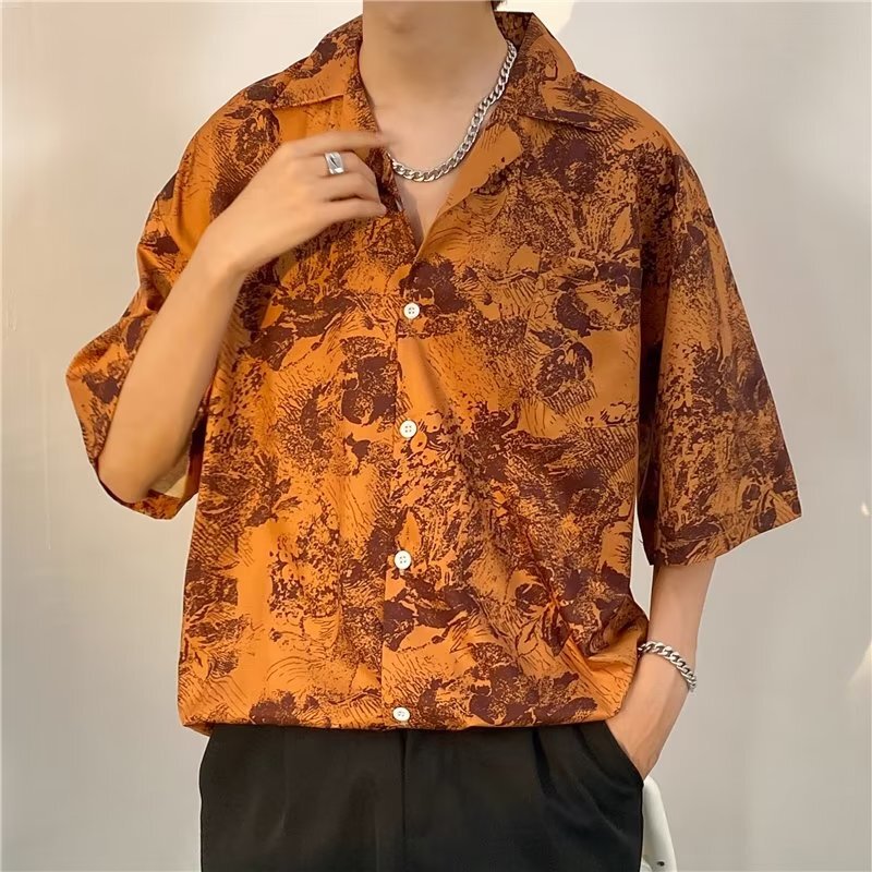 Hawaii Vintage Oil Painting Short-sleeved Shirt Thin Casual Loose Hong Kong Style Summer New Couple Unisex Shirt