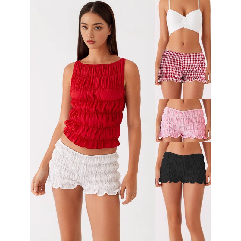 2026 Amazon Independent Site Temu Spring and Summer New Solid Color Plaid Gathered Shorts for Women
