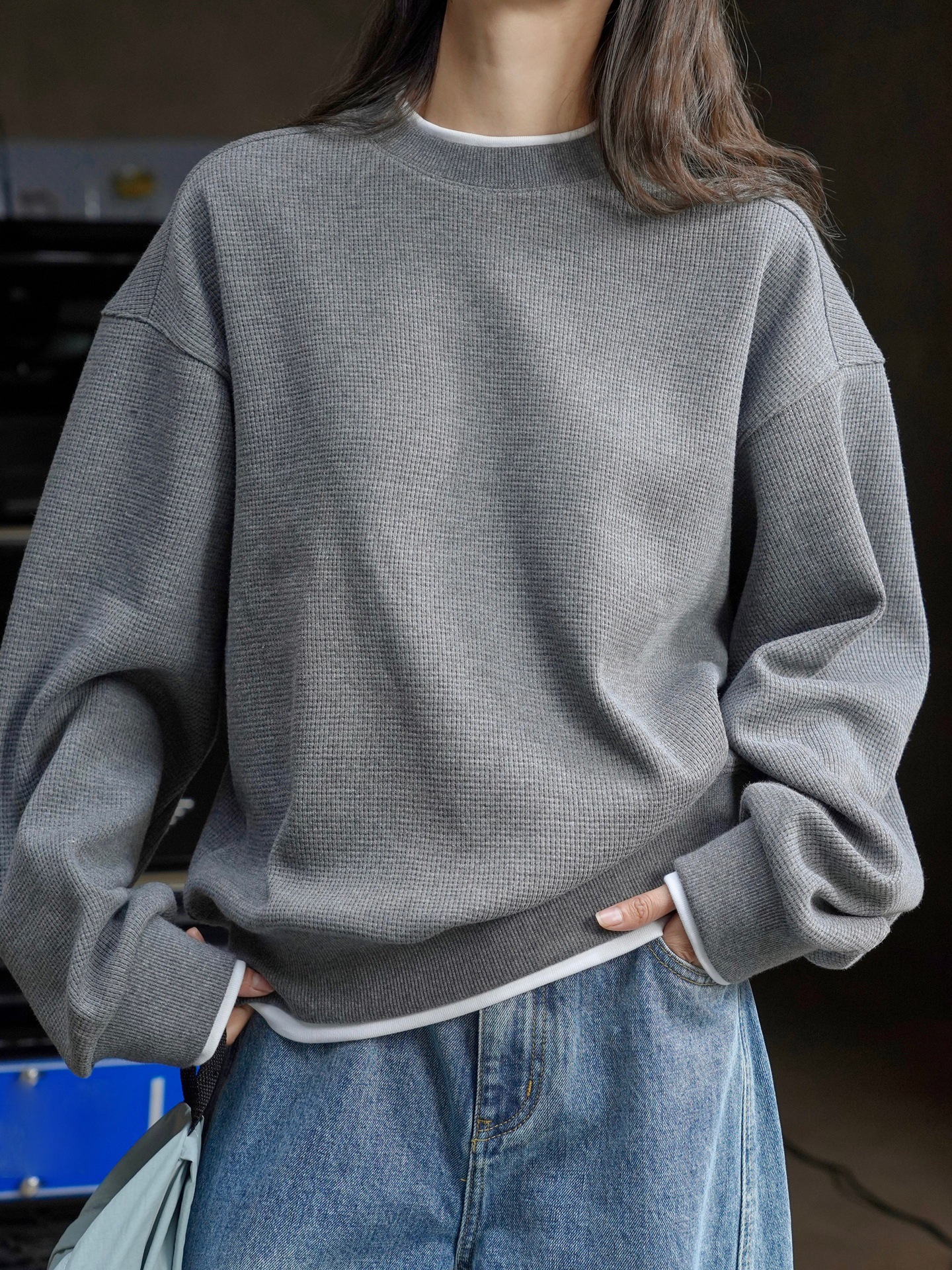 Xuman Spring New Korean Style Fashionable Fake Two-Piece Silhouette Sweatshirt Loose Waffle Casual Top for Women