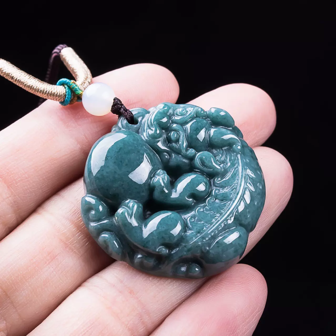 天然A货翡翠蓝水通财金钱貔貅冰种玉石吊坠皮丘挂件男士项链女款