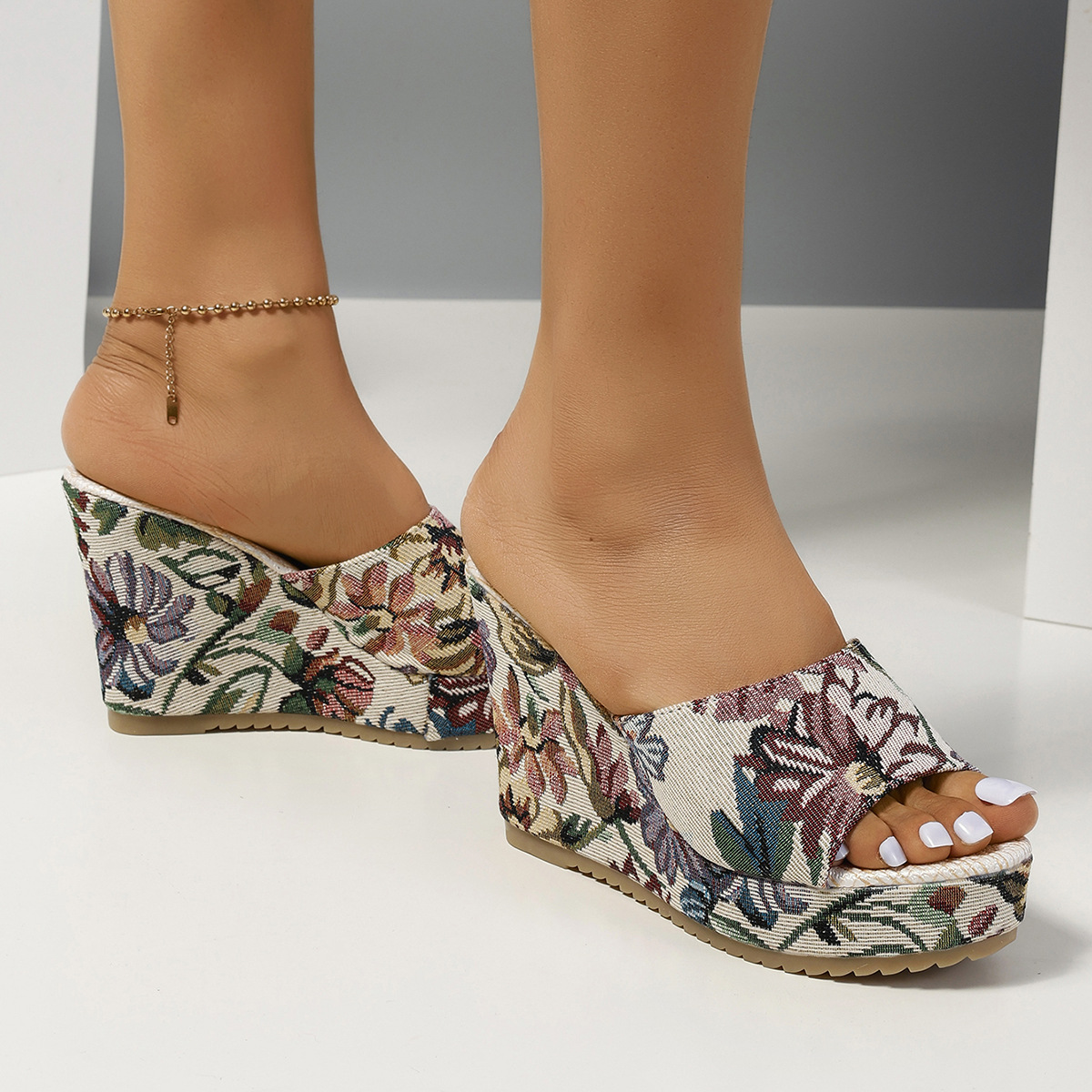 Sandali con zeppa da donna taglie forti, estivi, per attività all'aperto, in tessuto stampato con blocchi di colore e punta aperta, scarpe da spiaggia_voghion.com