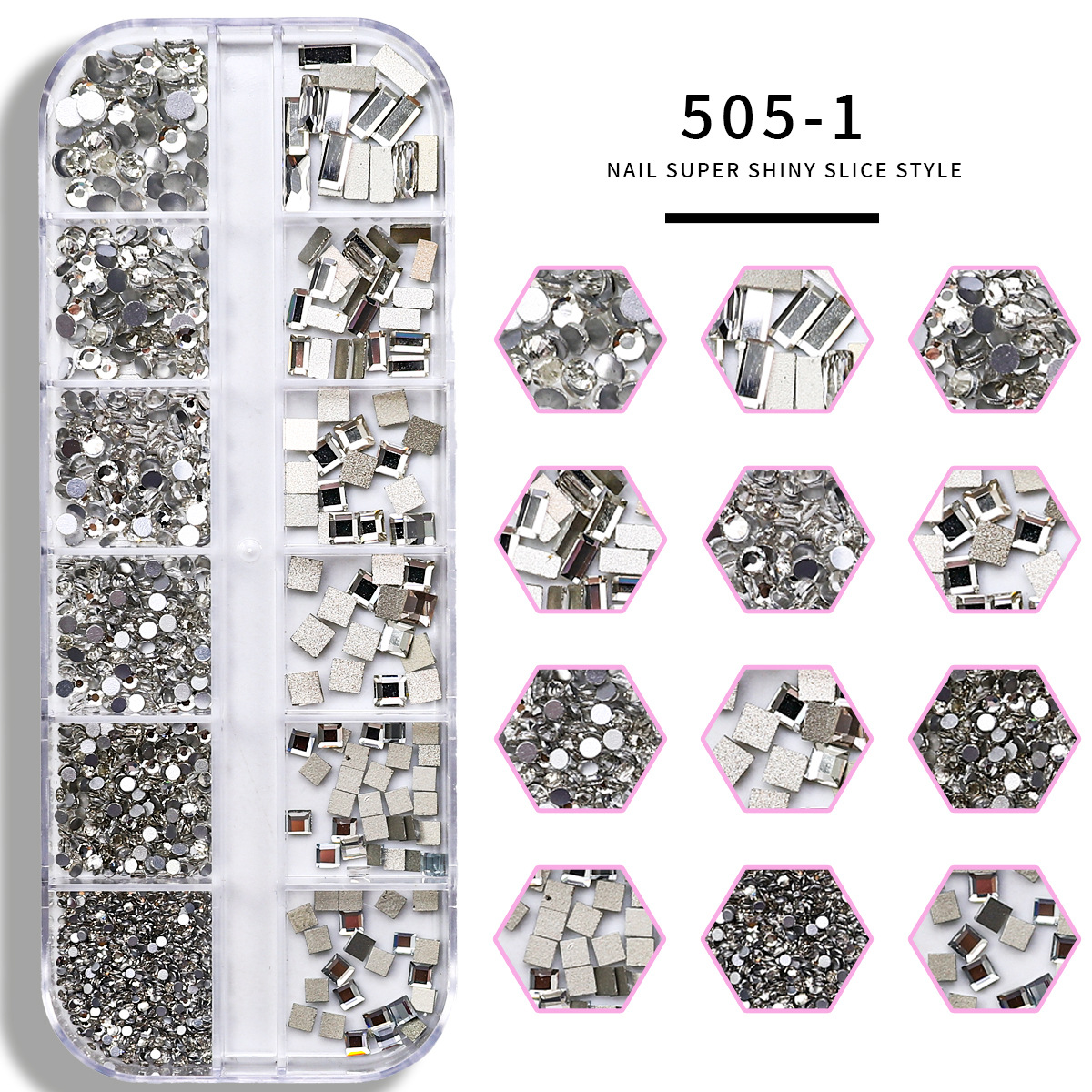 Set de joyas de uñas 12 barras de joyas taladro de uñas largo taladro de fondo plano mezclado taladro de forma especial superbrillante accesorios de uñas