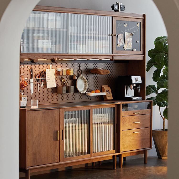 American Solid Wood Sideboard Restaurant Kitchen Retro Storage Wine Cabinet Home Living Room with Glass Sliding Door High Cabinet