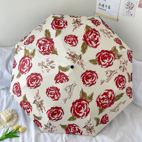 Retro Rose High-Quality 8-Bone Tri-Fold Rain Umbrella with Custom Wooden Handle, 5-Fold Sunshade with UV Protection