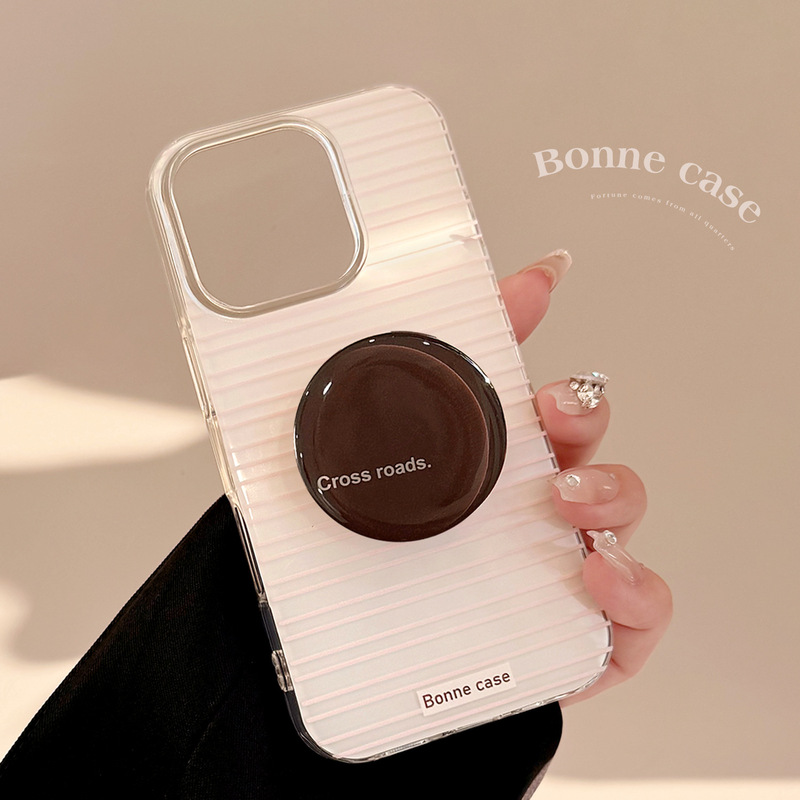 【Under the Tower】Ins Pink Horizontal Striped Brown Stand iPhone 17 Pro Max Phone Case 16Th Generation for Women 12 11