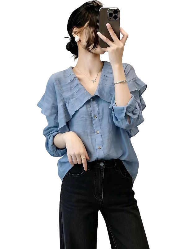 Áo sơ mi nữ dài tay mỏng nhẹ, phom thẳng vai, màu xanh dương – kiểu dáng mới mùa hè — xanh lam