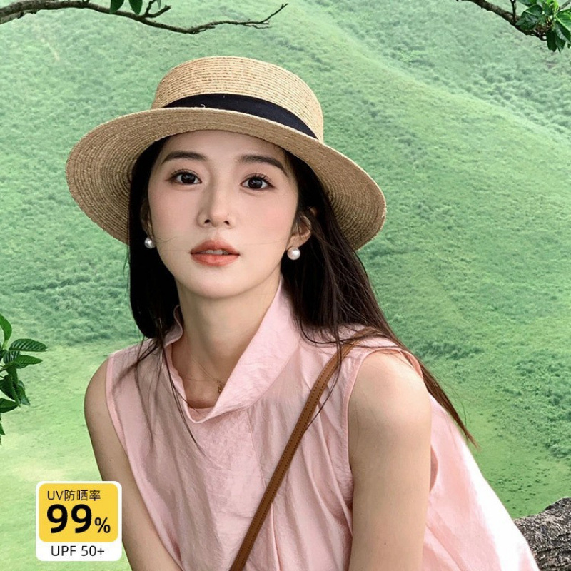 2026 New Style Large Brim French Flat-Top Straw Hat for Women, Summer Beach Sun Hat, Large Size, Sun Protection Hat