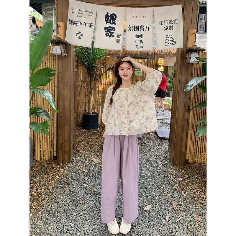 100% pure cotton purple cropped pants~Korean style internet celebrity carrot pants for women, new summer high-waisted slimming loose casual pants