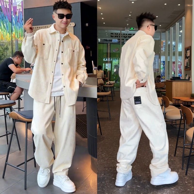 Cross-border Spring and Autumn New Textured Ribbed Casual Sports Suit Men's Shirt Jacket Casual Pants Two-Piece Set