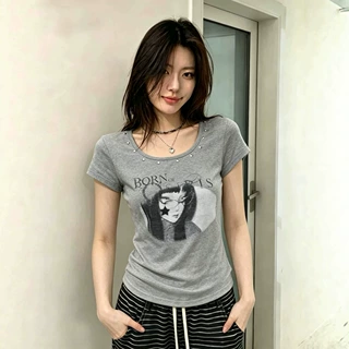 辣妹u领铆钉人像印花短袖t恤女夏季设计感修身显瘦减龄百搭小上衣