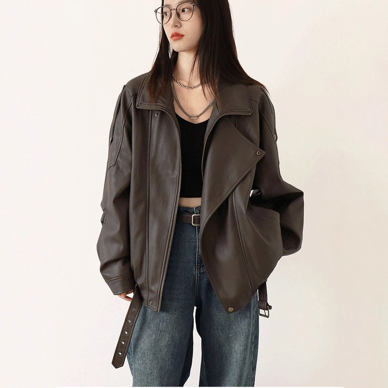Spring and Autumn Loose Versatile Jacket Top American New Heavy Retro Melard Motorcycle Leather Jacket for Men and Women