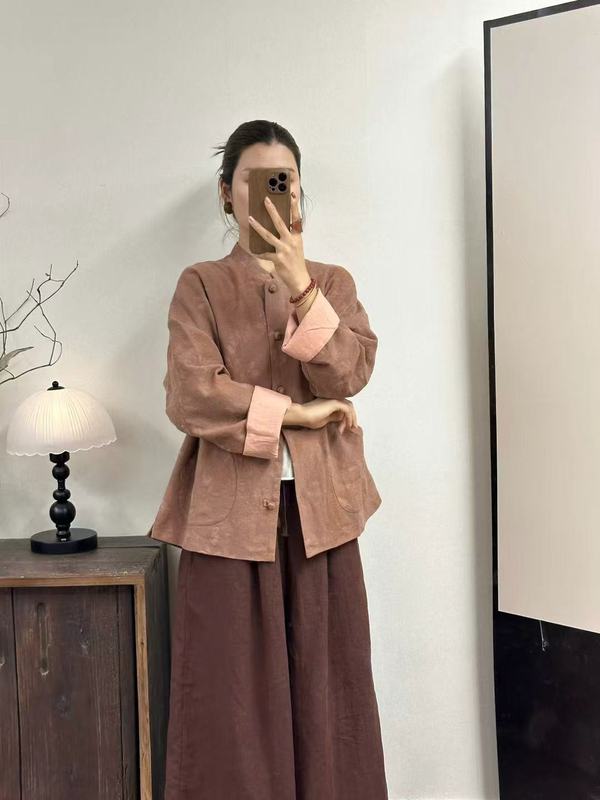 秋装新款女装提花亚麻双层外套时尚气质立领手工盘扣国风上衣女|undefined