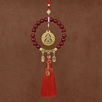 New Cinnabar Circle Five Blessings Complete Car Pendant Car Compass Rearview Mirror Peace and Prosperity Zakiram Ornament (Car hanging) - rotating-road-protection-red-tassel