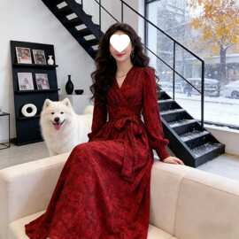 秋季新款长袖春秋少妇V领连衣裙女碎花开叉战袍收腰性感连衣裙