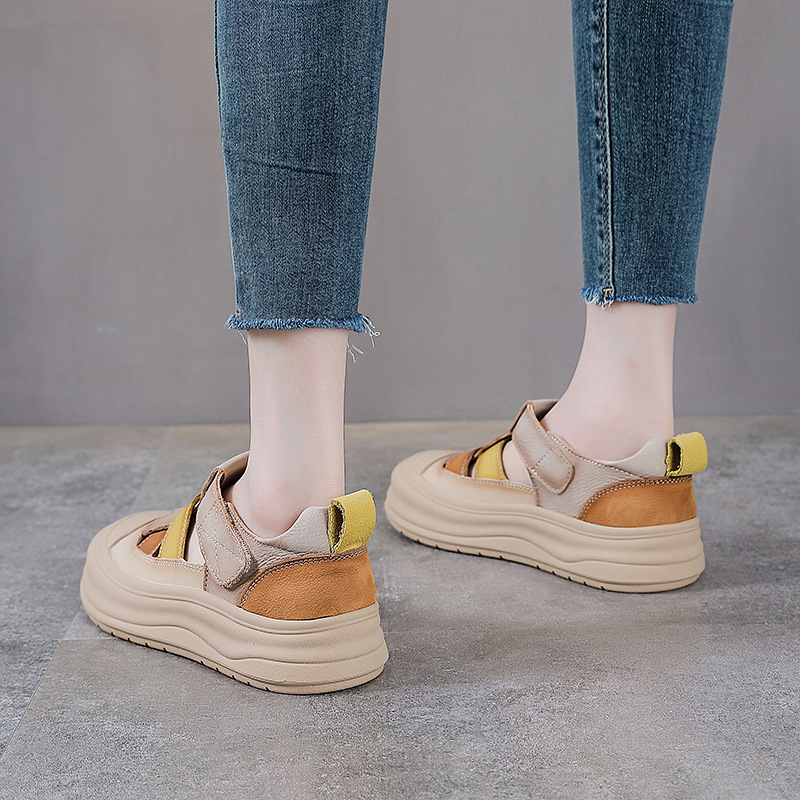Giày lười nữ da bò đục lỗ đế dày Velcro — Màu vàng