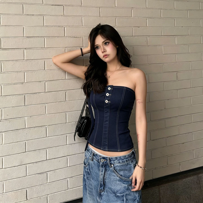 American retro style denim tube top for women, summer, original color, with visible stitching, single-breasted, waist-cinching, slimming, sexy top