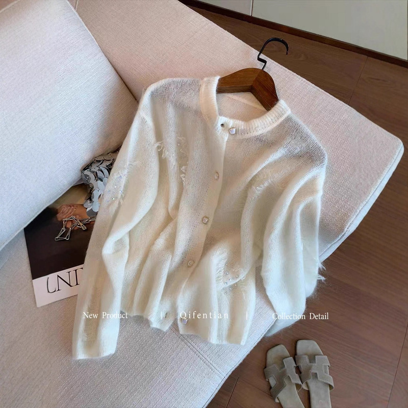白色钉珠马海毛毛衣外套女秋新款气质慵懒风软糯温柔宽松针织开衫|undefined