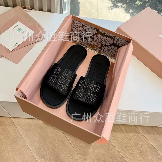 High Edition Miu Home Woven Slippers Women's Slippers Women's Flat Outer Wear Casual All-match Beach Holiday Style Slippers