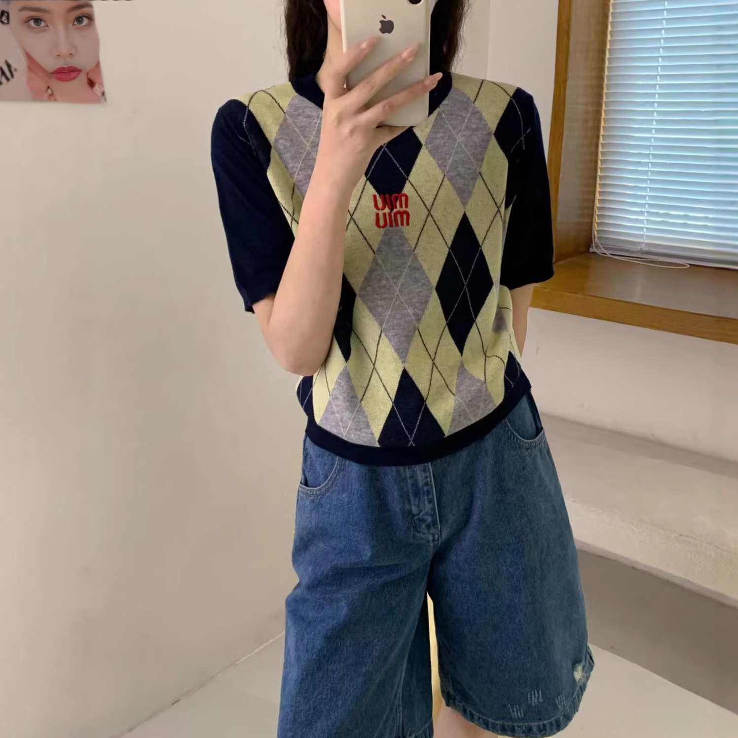 英伦风菱形格宽松短袖细羊毛针织衫女26春夏新款韩系显瘦外穿上衣