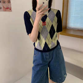 英伦风菱形格宽松短袖细羊毛针织衫女26春夏新款韩系显瘦外穿上衣