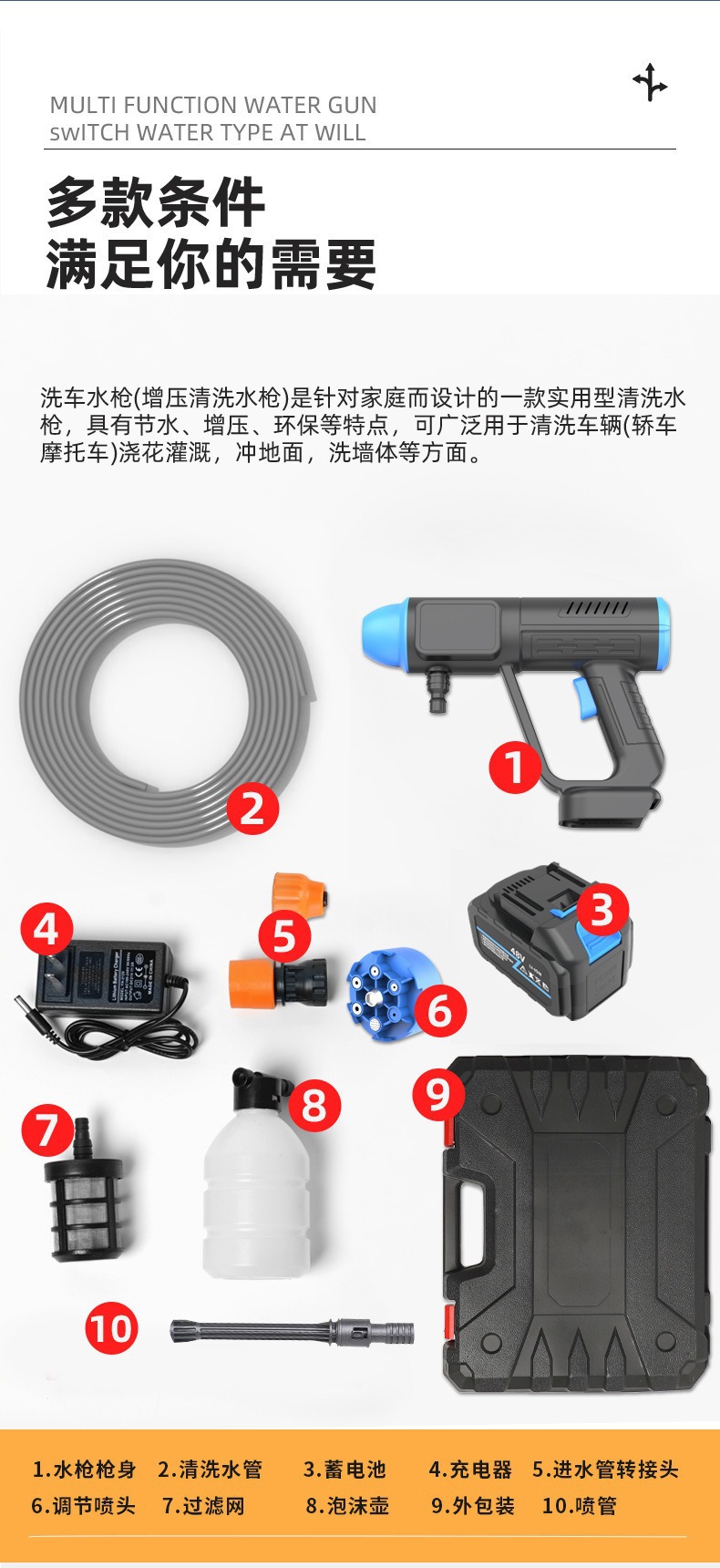 High-Pressure Car Wash Water Gun Household High-Power Rechargeable Lithium Battery Water Pump Portable Wireless Car Wash Machine Cleaning Artifact