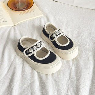 2025 Spring/Summer New Girls' Rhinestone Strap Velcro Large Round Toe Shallow Mary Jane Half-Slip Canvas Shoes for Women