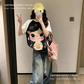实价【休闲】+后包边+螺纹领口 撞色拼接印花短袖恤女图片色