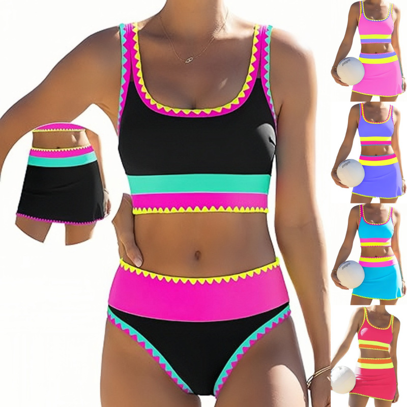 Cross-Border New Style Three-Piece Cover-Up Skirt Set, High-Waisted Bikini for Women, Color-Blocked Two-Piece Swimsuit with Jagged Edges, Vacation Swimwear